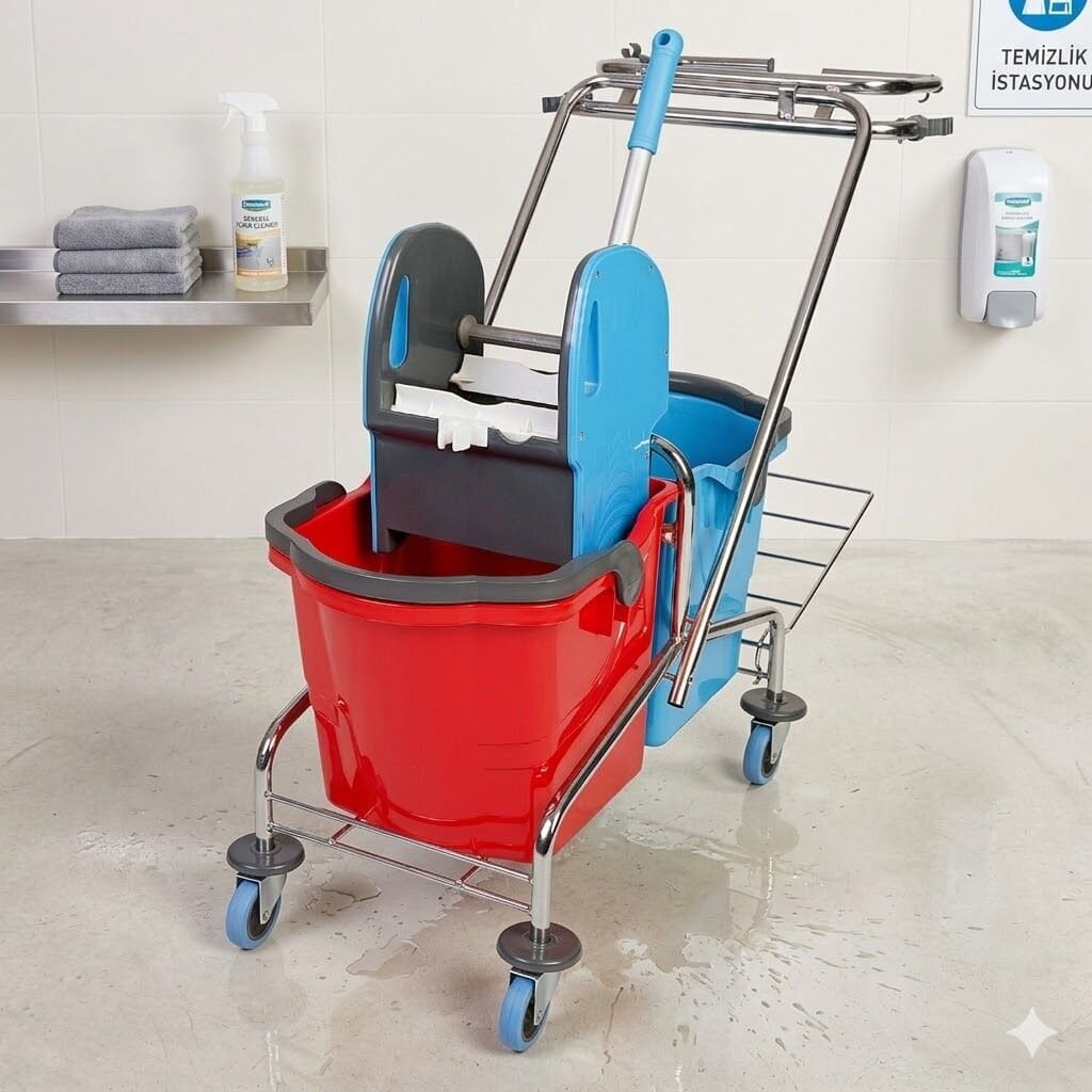 Çöp Toplama Arabası Krom Taşıyıcı Mımoza Plastik Pres Herkül Kovalı Bilyalı Metal Tekerlekli 2X18 Lt