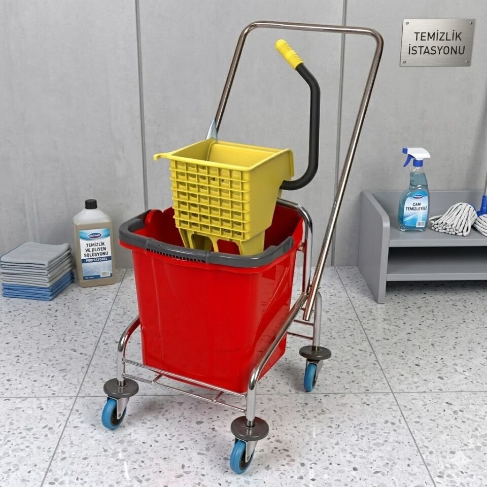 Krom Taşıyıcı , Enjoy Plastik Presli (Utp792), Mimoza Kovalı (Sk800) Sepetsiz, Bilyalı Metal Tekerlekli 1X25 Lt