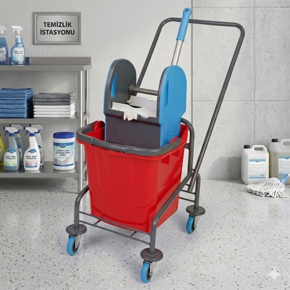 Tek Kovalı Temizlik Seti (Metal Boyalı, Mimoza Presli) Bilyalı Metal Tekerlekli 1X25 Lt