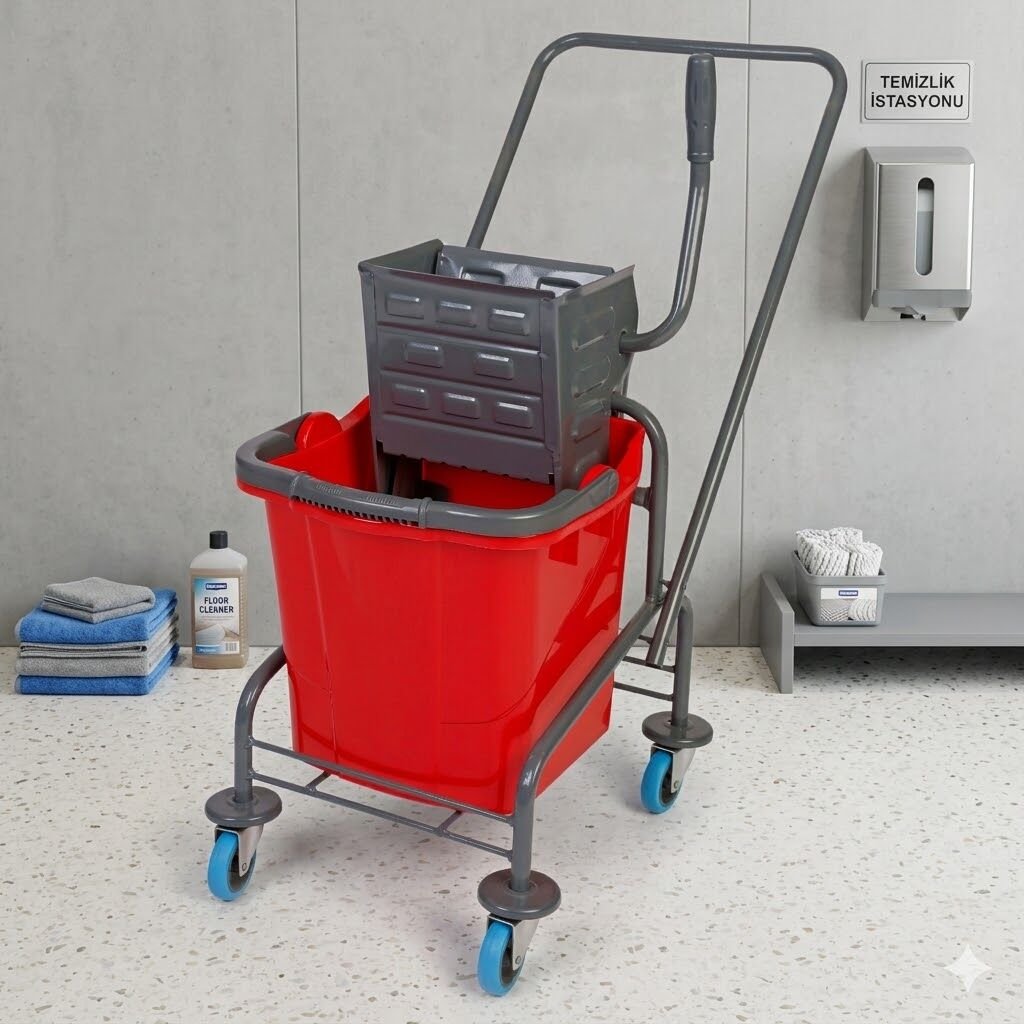 Tek Kovalı Temizlik Seti (Metal Boyalı, Metal Presli) Bilyalı Metal Tekerlekli 1X25 Lt