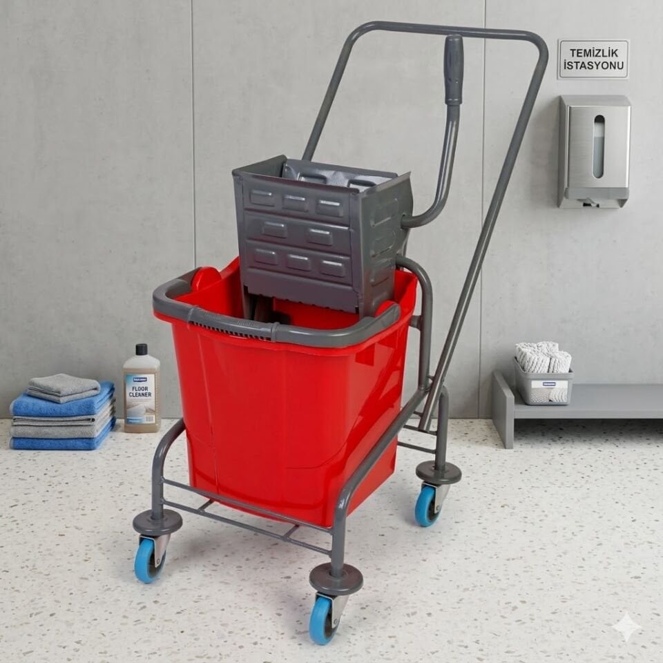 Tek Kovalı Temizlik Seti (Metal Boyalı, Metal Presli) Bilyalı Metal Tekerlekli 1X25 Lt